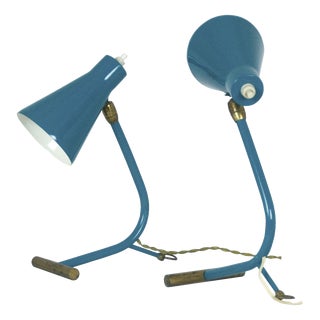 Mid-Century Modern Italian Teal Green and Brass Table Lamps from Stilnovo, 1950, Set of 2 For Sale