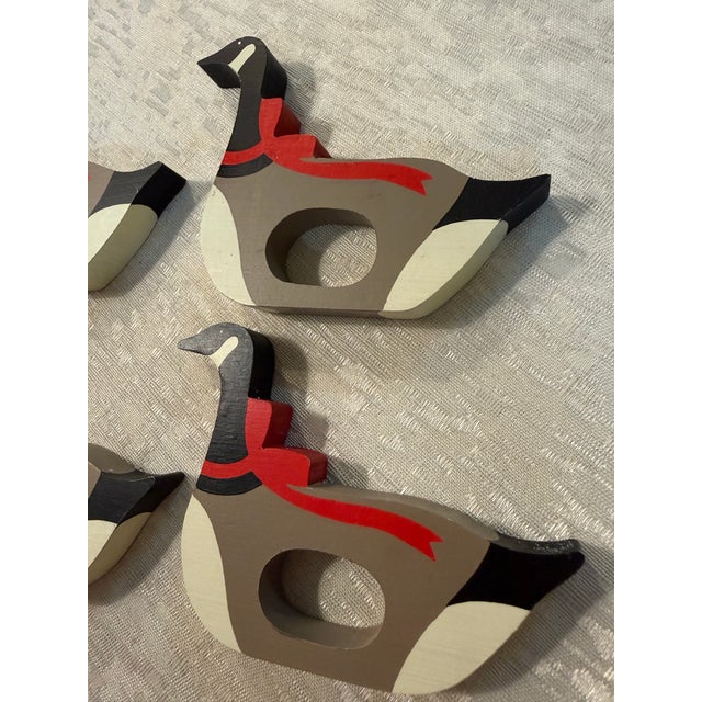 American Vintage Set of 4 Wooden Christmas Goose With Bow Hallmark Napkin Rings For Sale - Image 3 of 9