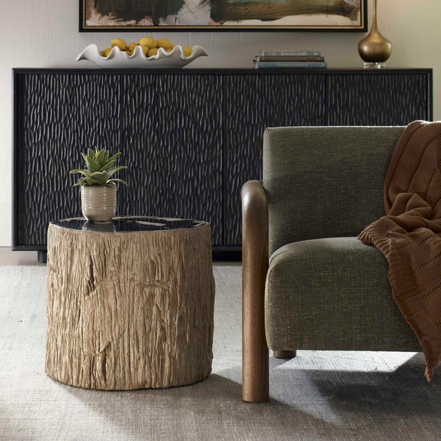 The Arco Accent Table Is Crafted From Natural Petrified Wood Top Inset Into A Warm White Base With Casted Tree Grain Side...