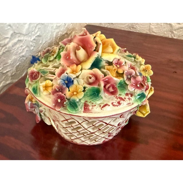 Vintage Italian Capodimonte Porcelain Flower Basket Box With Applied Roses For Sale - Image 6 of 11