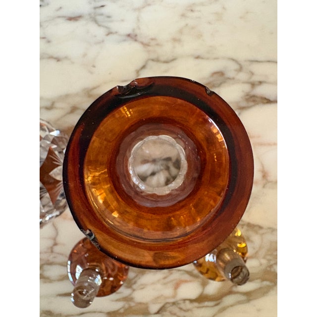 Mid 20th Century Pair Vintage Bohemian Czech Amber Cut to Clear Decanters For Sale - Image 5 of 12