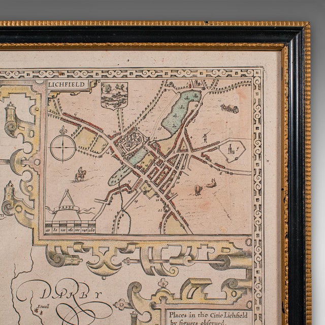 Beige Antique Stafford County Map, English, Atlas Engraving, 17th Century, Cartography For Sale - Image 8 of 12