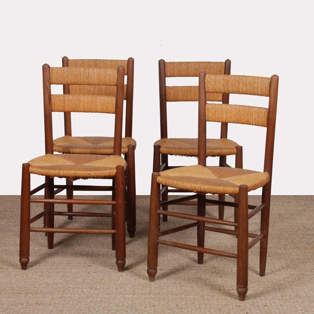 French Straw-Seated Wooden Chairs, 1950s, Set of 4 For Sale - Image 9 of 9