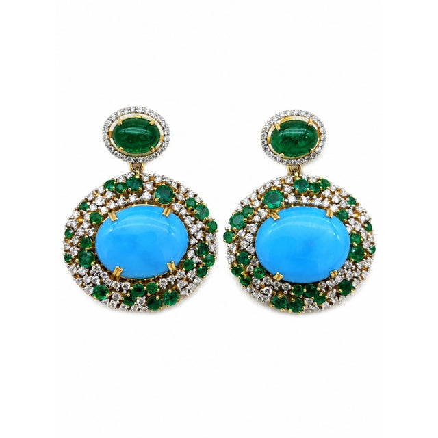 Natural Turquoise, Emerald & Diamond Earring in 14k Gold For Sale In New York - Image 6 of 8