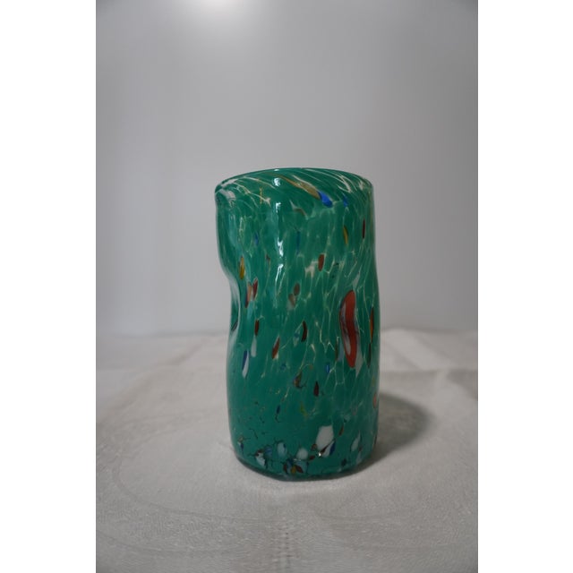 A set of six handmade goti from Wave Murano Glass, blown on Murano by Roberto Beltrami. Aventurine-speckled green glass...