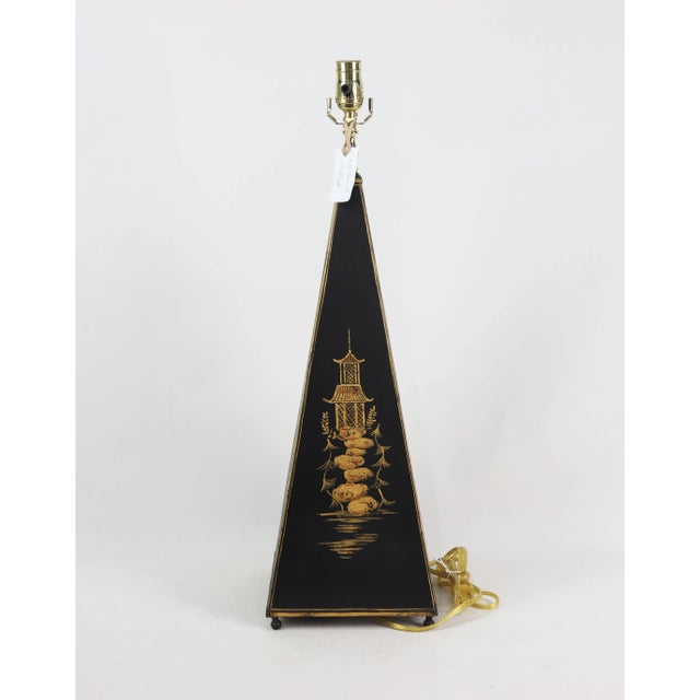 1980s Chinoiserie Obelisk Desk Lamp。Beautifully painted Chinoiserie landscape scene compliments the unique shape of this...
