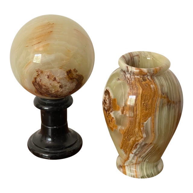 1960s Onyx Globe on Stand and Vase Desk Accessories- 3 Pieces For Sale