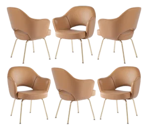 Saarinen Executive Arm Dining Chairs in Camel Leather & Brass Legs, Set of 6