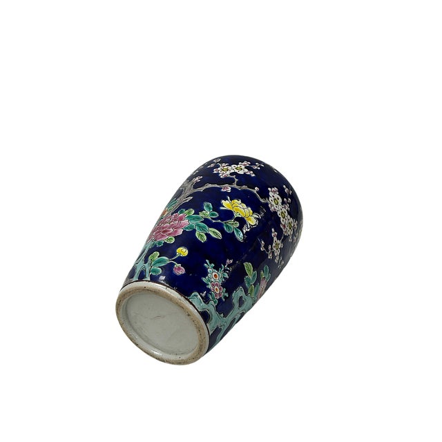 Vintage Dark Cobalt Blue Flower Bird Enamel Porcelain Art Vase For Sale In San Francisco - Image 6 of 9
