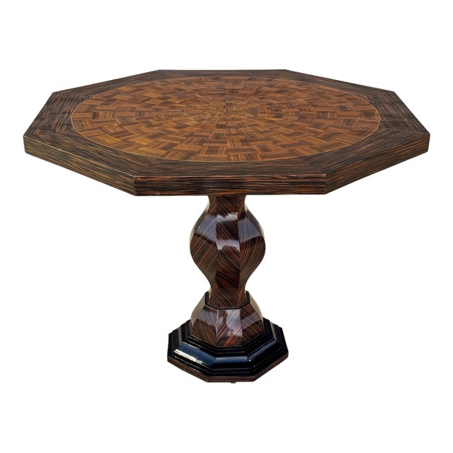 1950s French Art Deco Style Octagonal Center / Foyer Table in Zebrano Wood & Parquetry Finish For Sale