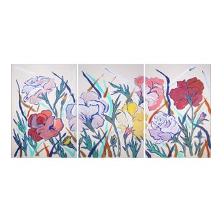 2026, Illustration Style, Lush Flowers Triptych, Wild Carnations, Acrylic Paint on Watercolor Paper by Romina Milano For Sale
