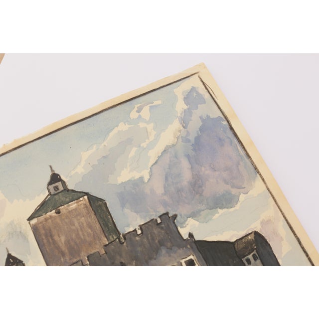1950s Mid-Century Swedish Outsider Folk Art Original Watercolor Painting, Signed, Lakeside Fortress Landscape For Sale - Image 5 of 9