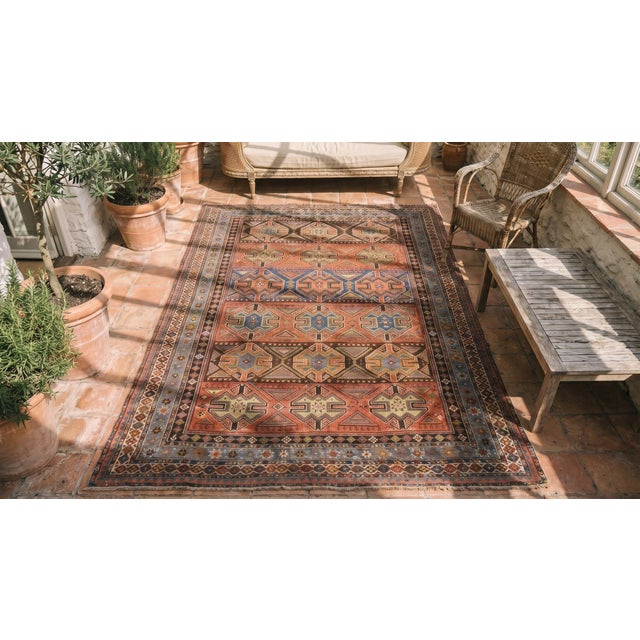 Raspberry Red 1890s Multicolor Diamond Antique Caucasian Rug 4'0" X 4'10" Handknotted Wool Carpet For Sale - Image 8 of 8