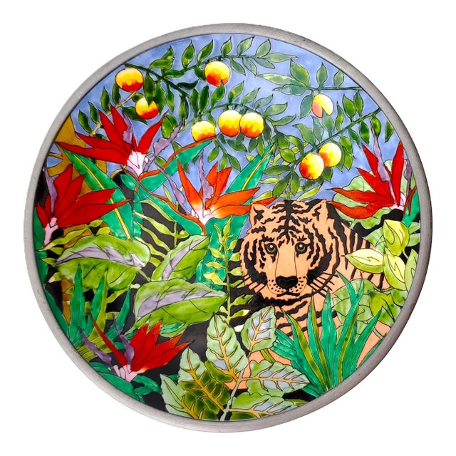 Vintage Neiman Marcus Chinese Porcelain Tiger Floral Bowl With Pewter Trim For Sale