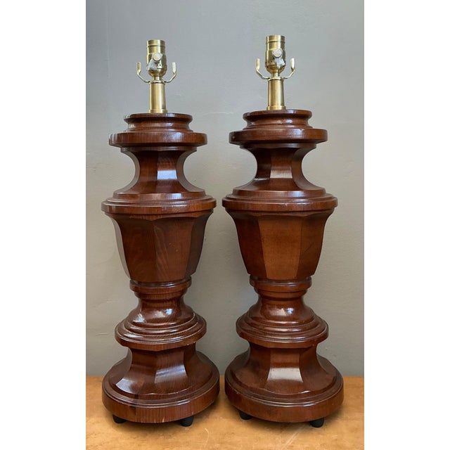 Vintage Faceted Wood Lamps - A Pair For Sale - Image 9 of 14