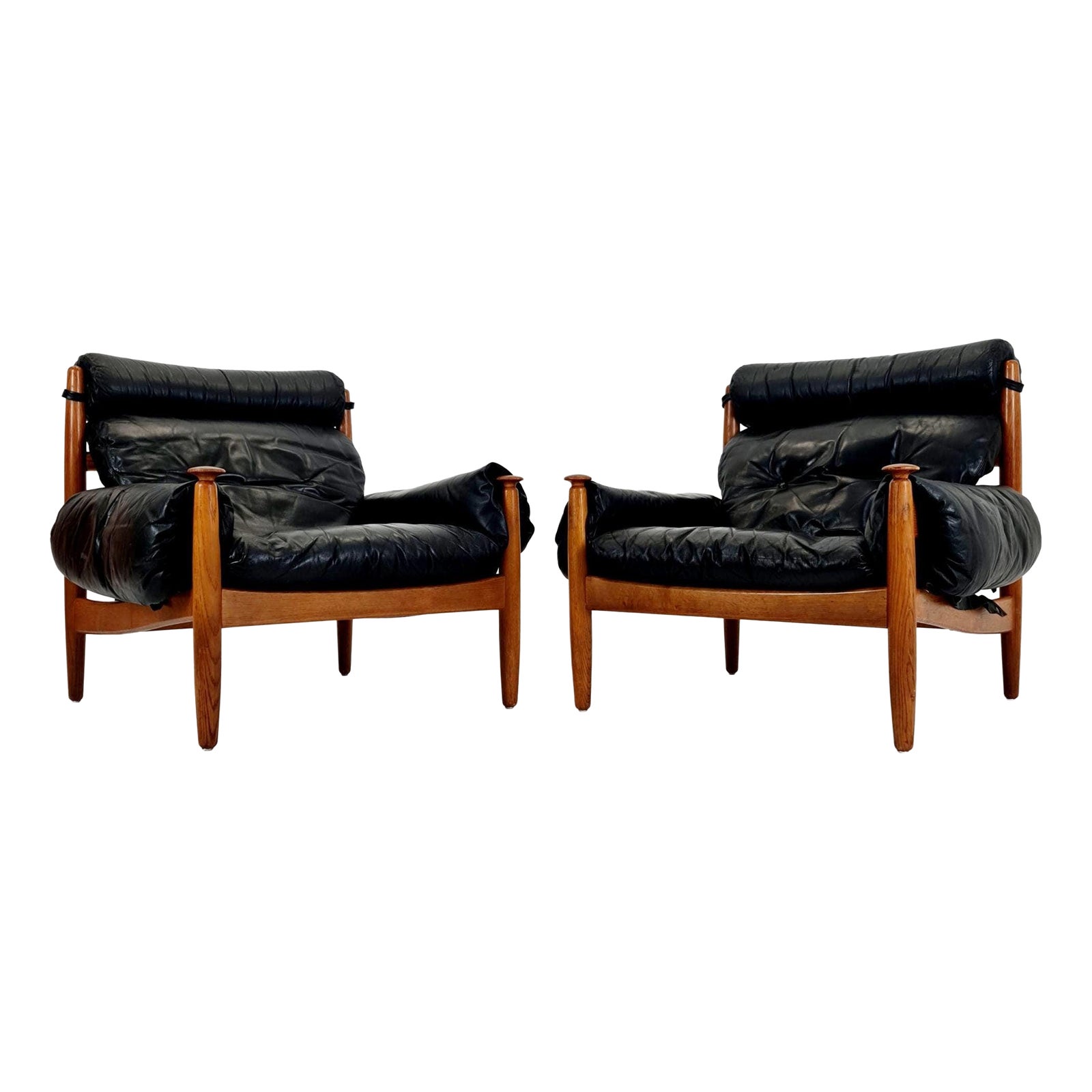 Mid-Century Lounge Chairs in Leather and Oak by Eric Merthen for
