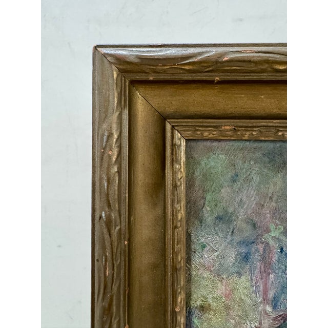 Rustic Antique Oil on Board Landscape Painting Wooded Path Rustic Fence Signed Period Gilt Frame For Sale - Image 3 of 7