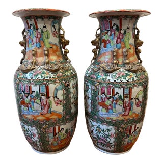 Antique Rose Medallion Tall Vases - a Pair For Sale