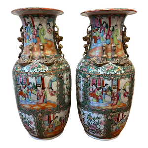 Antique Rose Medallion Tall Vases - a Pair