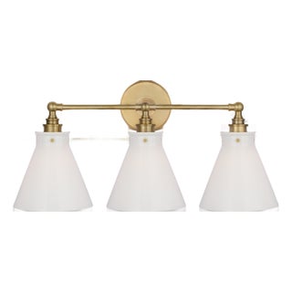 Chapman & Myers for Visual Comfort Signature Parkington 24" Three Light Bath Bar in Antique-Burnished Brass with White Glass For Sale