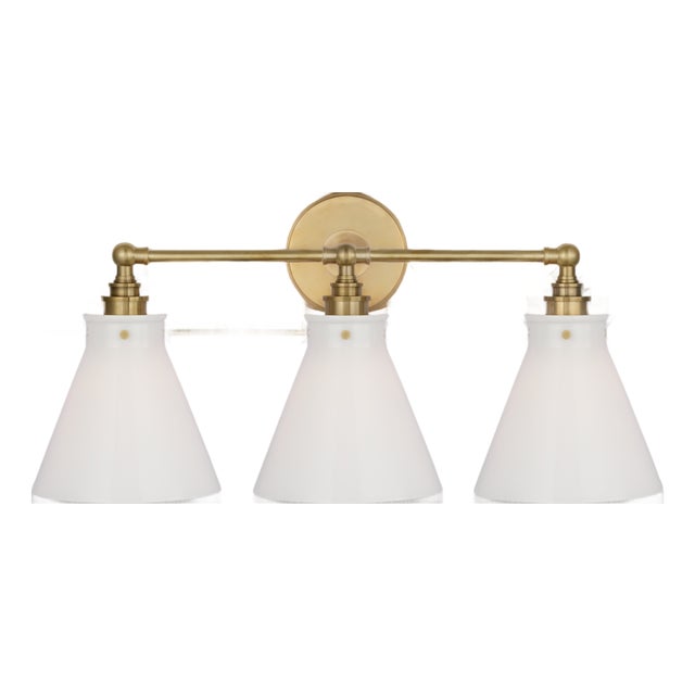 Chapman & Myers for Visual Comfort Signature Parkington 24" Three Light Bath Bar in Antique-Burnished Brass with White Glass For Sale