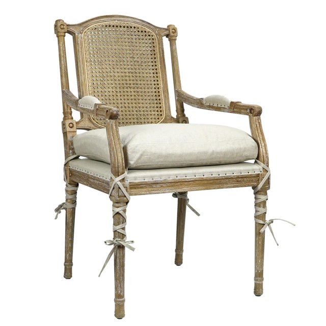 French Country Matthew Izzo Home Cotswald Pine Wood Armchair With Weaved Lattice Back and Ample Beige Tie Cushion For Sale - Image 3 of 4