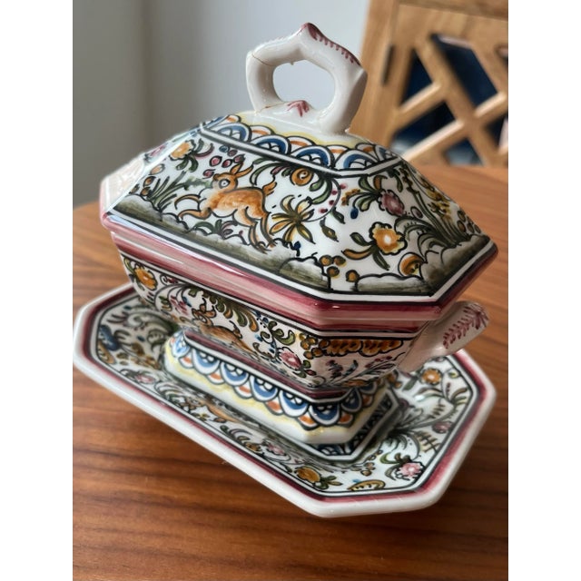 Rustic European Vintage Hand-Painted Portuguese Lidded Tureen and Underplate-Real Ceramica Coimbra, Portugal For Sale - Image 3 of 12