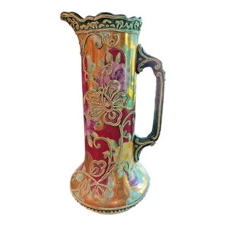 Vintage Nippon Hand Painted Raised Moriage Pitcher Vase Art Nouveau Style For Sale