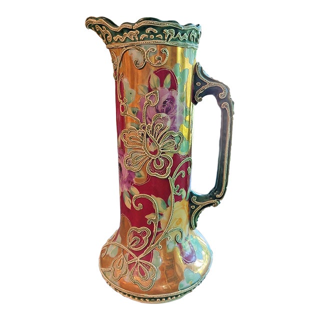 Vintage Nippon Hand Painted Raised Moriage Pitcher Vase Art Nouveau Style For Sale