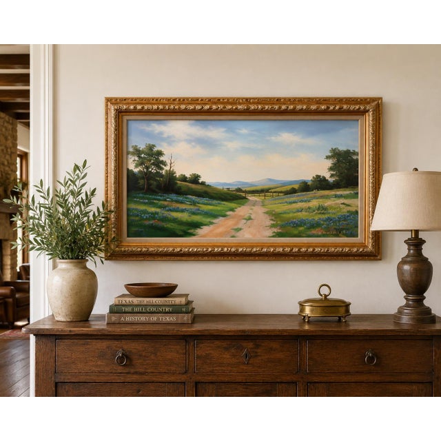 Beautiful large-scale vintage Texas landscape painting signed L.B. Mackrell and dated 1974. This original painted canvas...