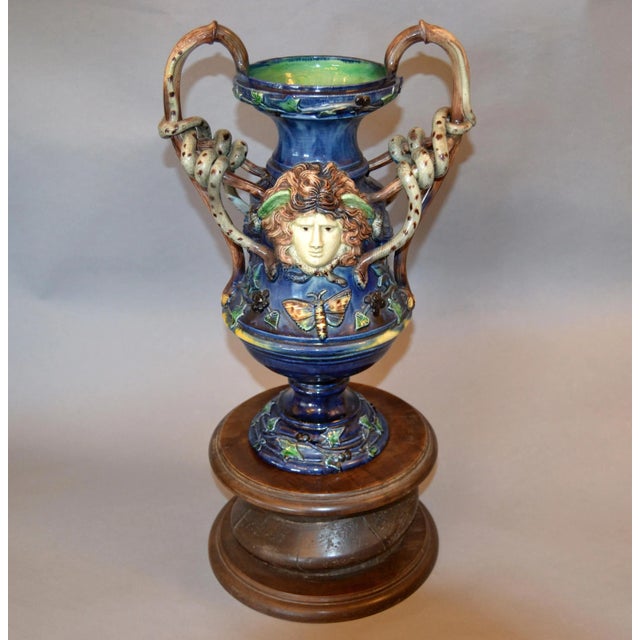 French 19th Century Antique Hand Painted Ceramic Vase Wine Decanter Wooden Riser For Sale - Image 13 of 13