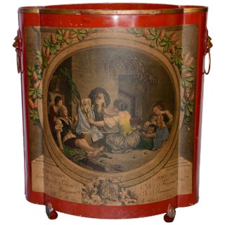 Midcentury Red Footed Tole Tin Waste Basket With Decoupage Print For Sale