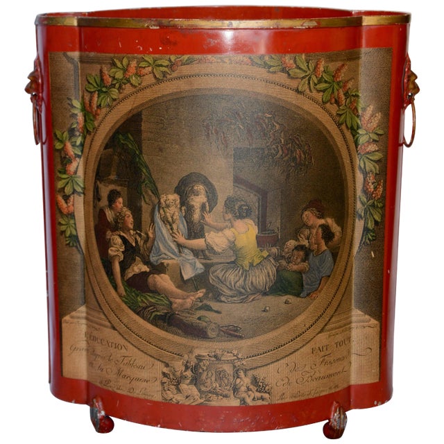 Midcentury Red Footed Tole Tin Waste Basket With Decoupage Print For Sale