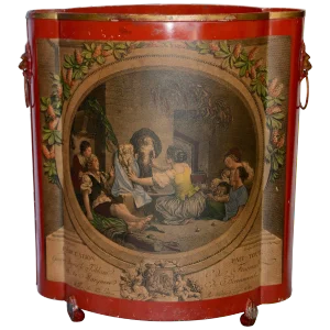 Midcentury Red Footed Tole Tin Waste Basket With Decoupage Print