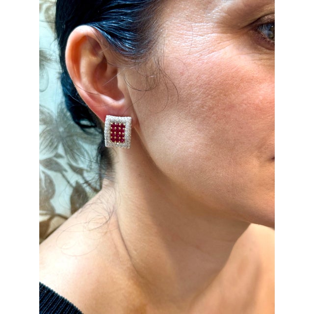 Estate 3 Ct Ruby & 3 Ct Diamonds Square Post Earrings 18 Karat Yellow Gold 13.5G For Sale - Image 12 of 18