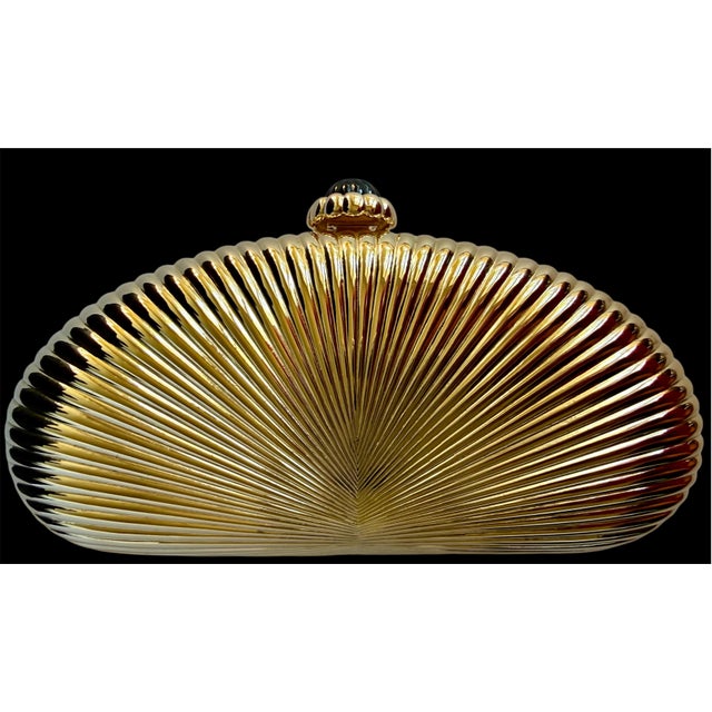 Judith Leiber Gold Ribbed Half Oval Onyx Gem Crystal Minaudiere Evening Bag For Sale - Image 11 of 15