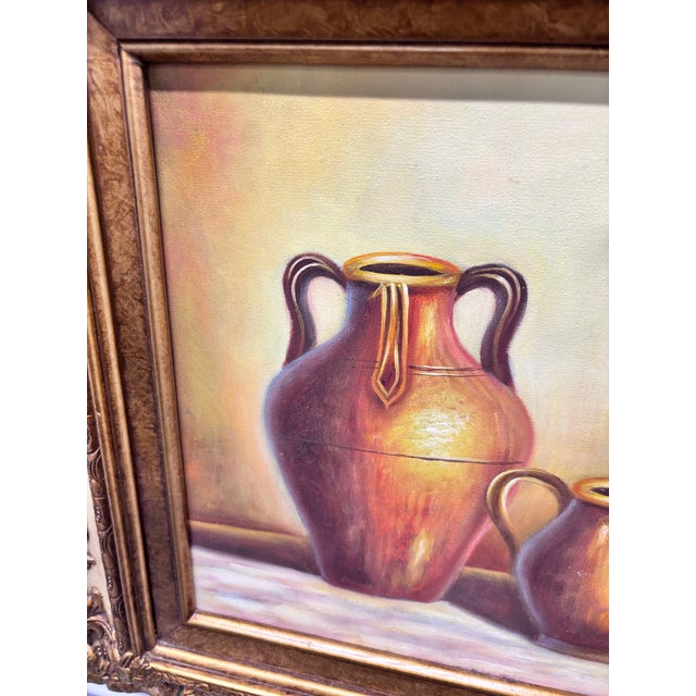 Textile Framed Still Life Canvas Painting Signed by A. Warner, Featuring a Composition of Three Earthy Ceramic Jars and Vessels. For Sale - Image 7 of 9