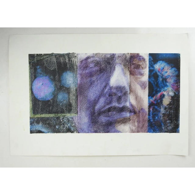 Late 20th century abstract portrait mixed media painting on paper. Unsigned. Unframed, image size 19" x 10", corner wear.