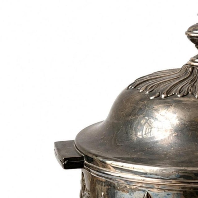 Silver plated - Thomas Woolley biscuit tin - 19th century. English; late 19th century; embossed decoration depicting...