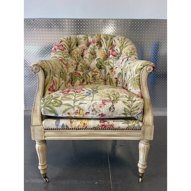Wesley Hall Furniture Traditional Botanical Floral Tufted Armchair With Nailhead Trim & Casters For Sale - Image 4 of 12