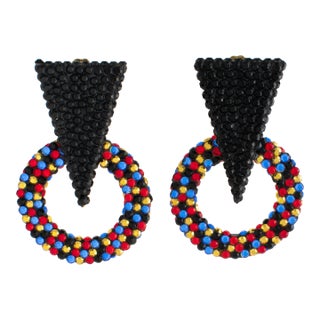 Richard Kerr Black and Multicolor Jeweled Dangle Clip Earrings For Sale