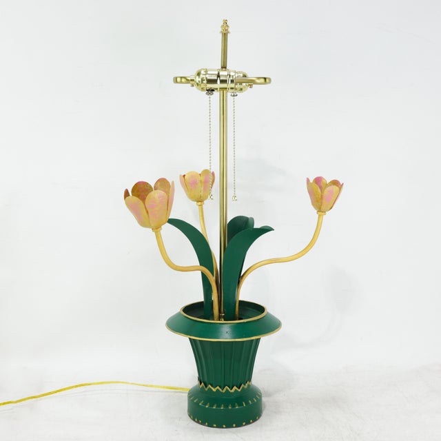 A Pair of Vintage Brunschwig & Fils Green Tole Flower Table Lamps, Yellow and Pink Tulip Design