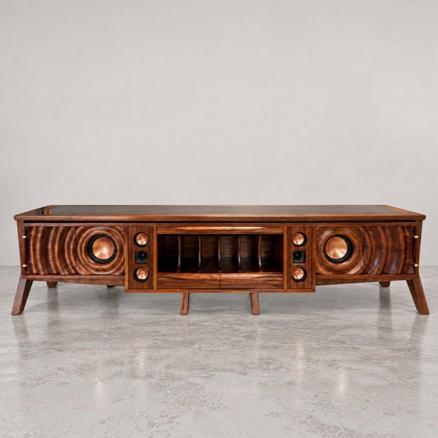 Modern Wave Stereo Console in Walnut With Inset Epoxy Top by Michael Maximo For Sale - Image 3 of 14