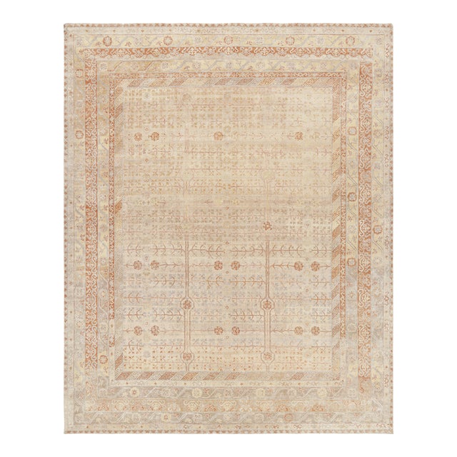 Rug & Kilim’s Block Print Runner Rug in Beige with Geometric-Floral Patterns - 3x10 For Sale