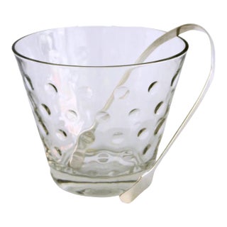 Mid Century Modern Dot Pattern Crystal Ice Bucket With Silver Plated Tongs For Sale