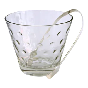 Mid Century Modern Dot Pattern Crystal Ice Bucket With Silver Plated Tongs Barware