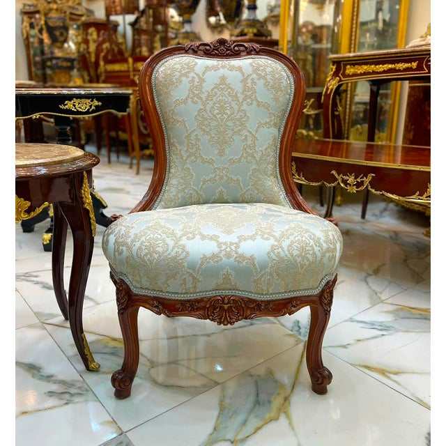 French Louis XV Armchair – Sky Blue Damask Upholstery With Ornate Wood Frame For Sale - Image 4 of 4