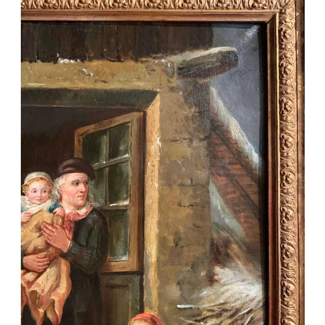Red 19th Century French Genre Oil Painting of Family Winter Scene With Dog For Sale - Image 8 of 12