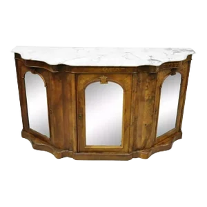 Antique Victorian Burr Wood Walnut Serpentine Marble Top Sideboard Credenza
