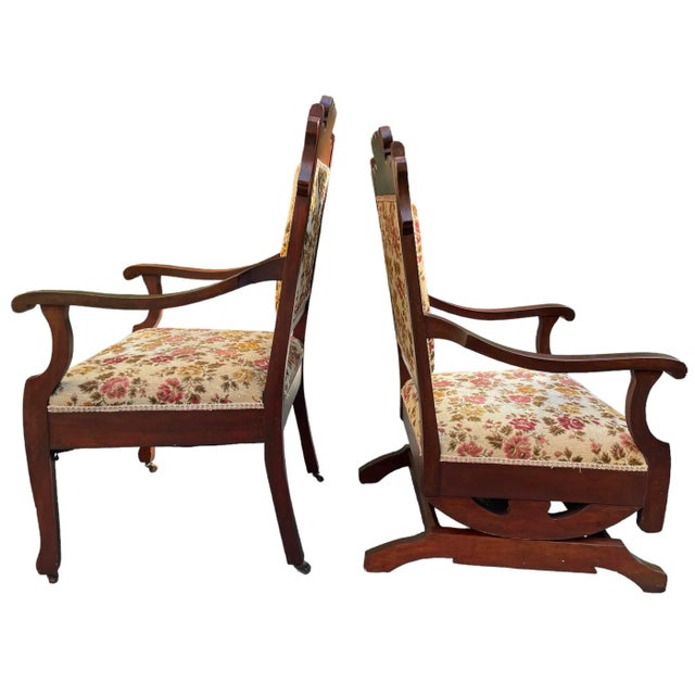 Victorian Vintage Armchairs Livingroom Armchairs Victorian Vintage King and Queen Early 20th Century Pair of Armchairs For Sale - Image 3 of 12